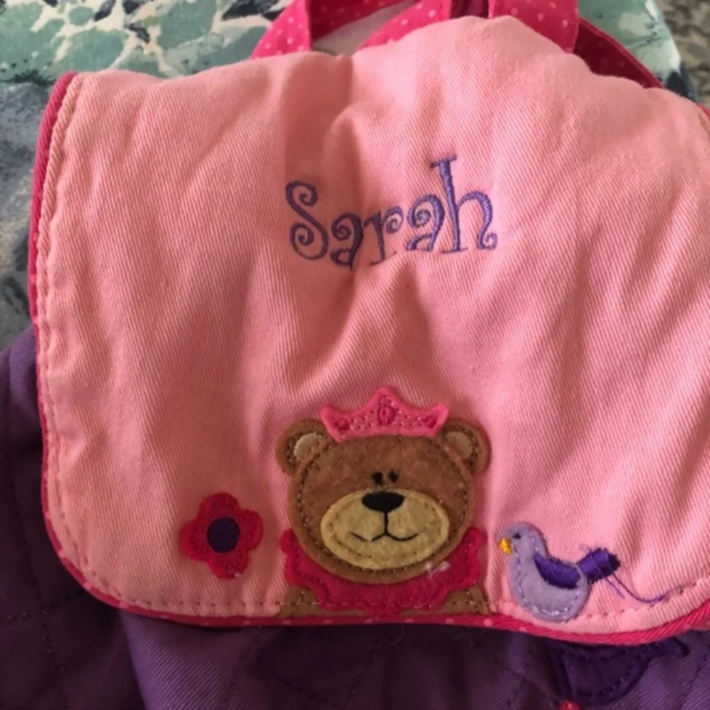Sarah monogram Kids fabric backpack pink castle picture drawstring snap closure‎
